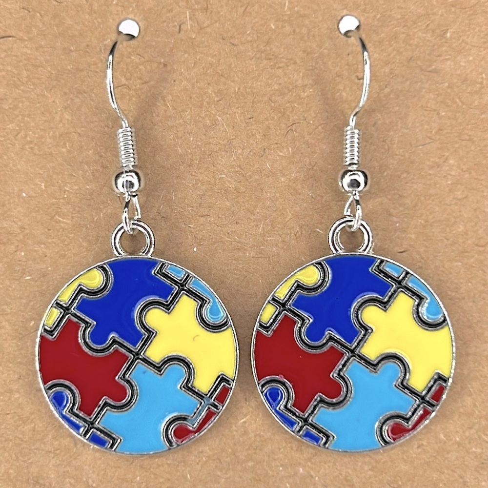 Autism Awareness Puzzle Round Dangle Charm Earrings Fashion Jewelry - Picture 4 of 4